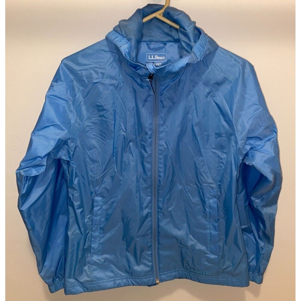 Women’s LL Bean Windbreaker Hooded Rain Jacket Sz XS Stowaway Pocket Blue